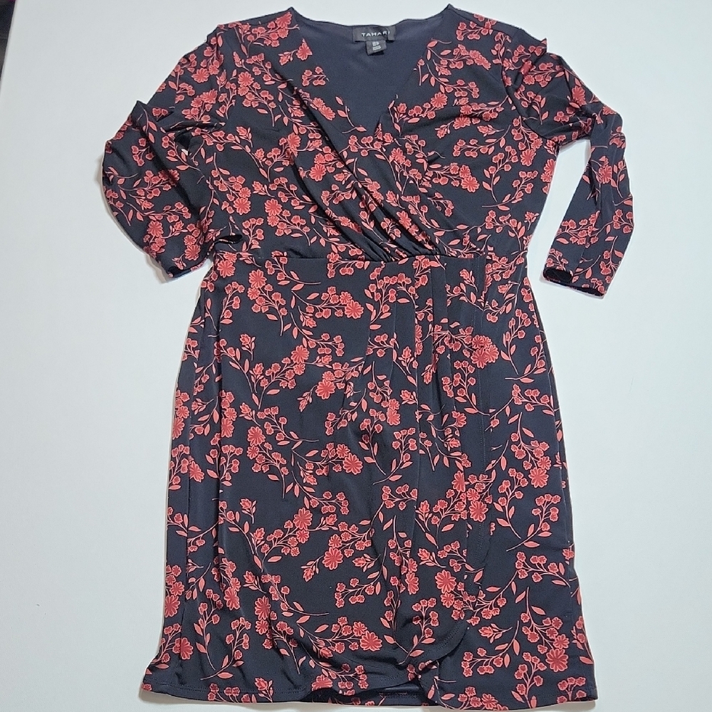 Tahari Black Red Floral Faux Wrap Dress Women’s 10 Career Work Cocktail